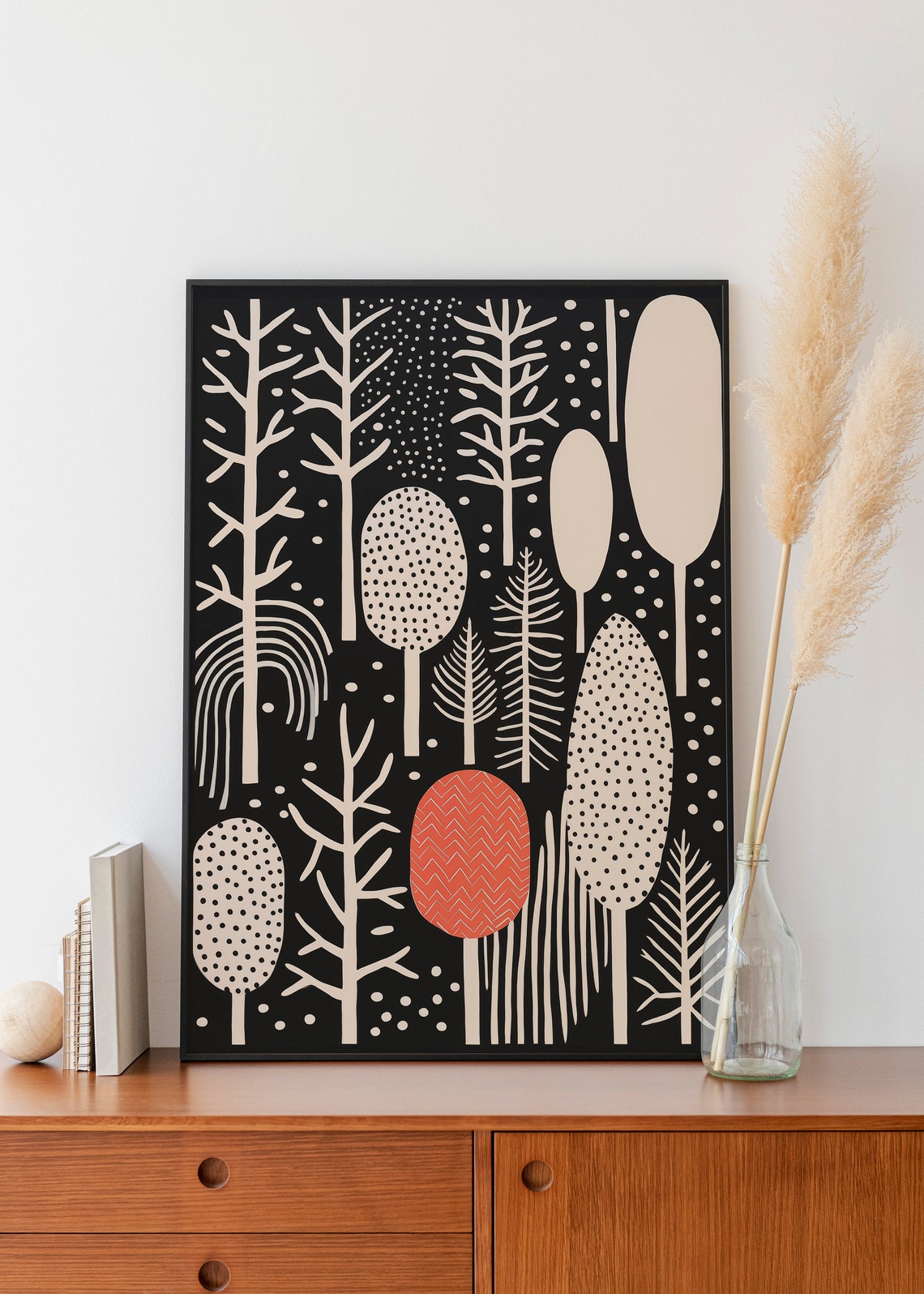 Black White Forest Trees Coral Accent Minimalist Boho Art Print