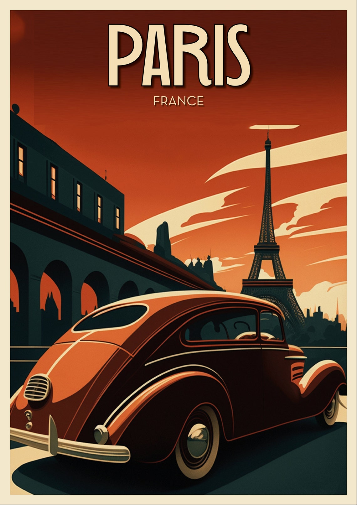 Paris France Eiffel Tower Classic Car Sunset Vintage Travel Poster - Image 3