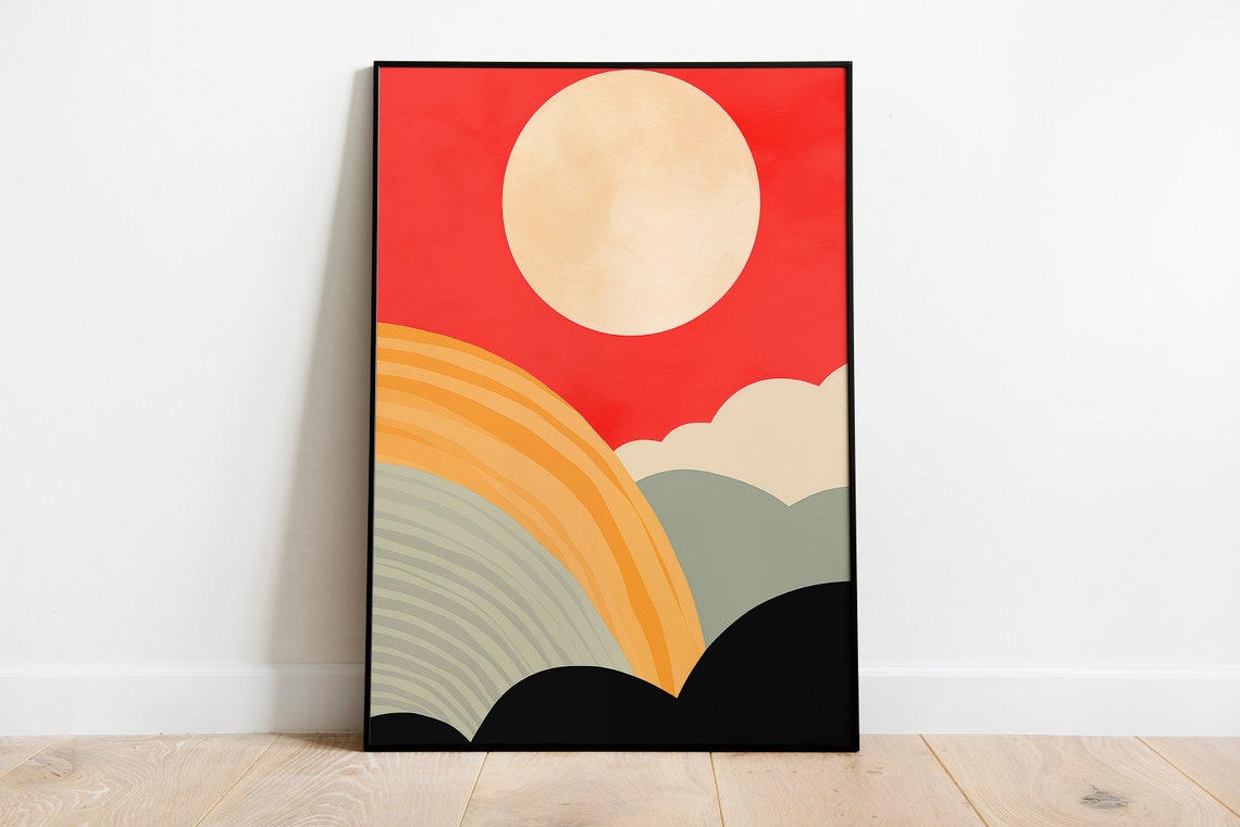 Retro Landscape Abstract Cream Sun Red Sky Striped Hills Art Poster - Image 2