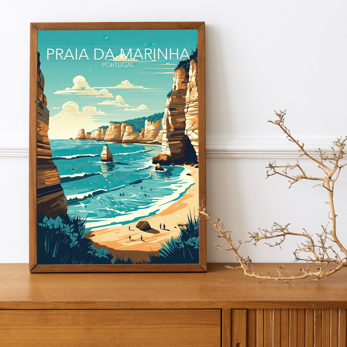 Praia da Marinha Portugal Vintage Retro Beach Cliffs Travel Poster