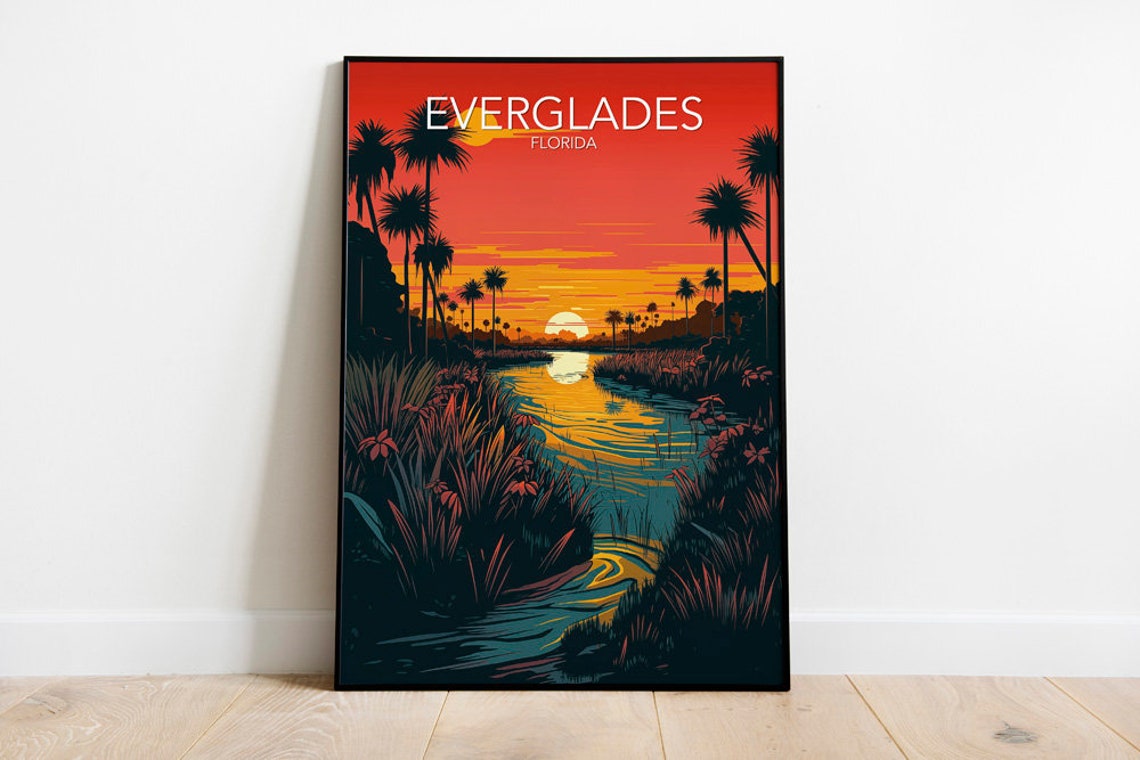 Everglades Florida Sunset Wetlands Palm Silhouette Travel Poster