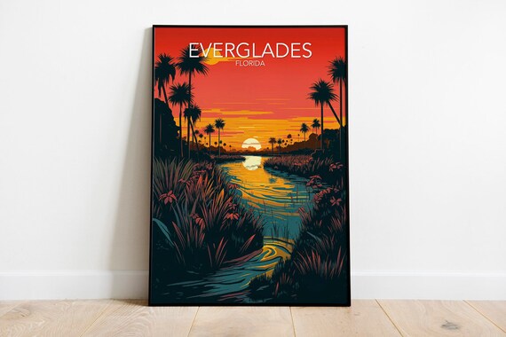 Everglades Florida Sunset Wetlands Palm Silhouette Travel Poster
