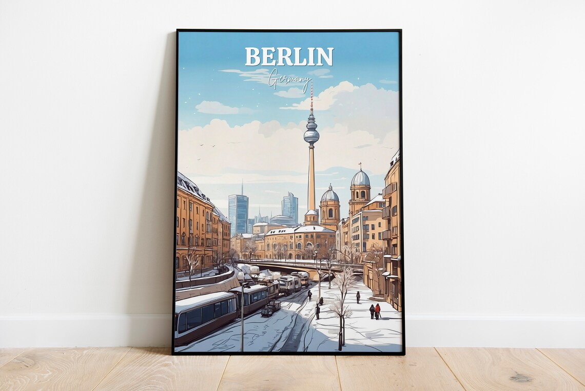 Berlin Germany TV Tower Winter Snowy City Street Travel Poster