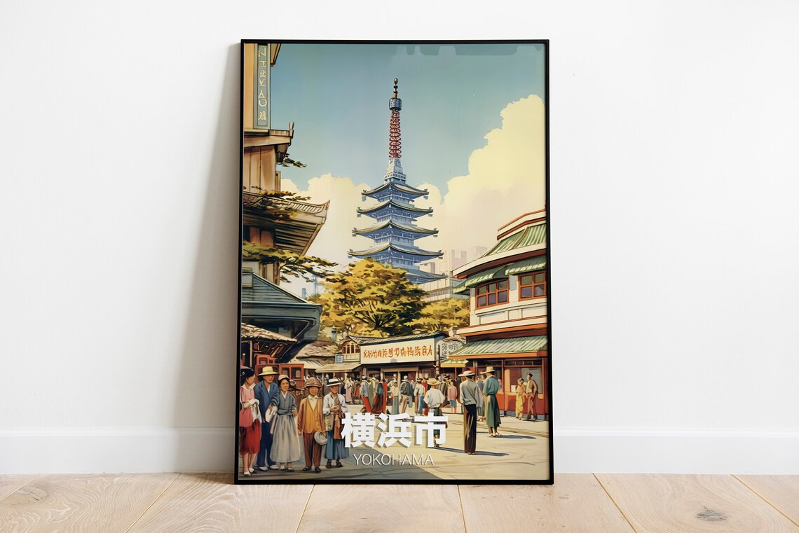 Yokohama Japan Vintage Retro Pagoda Street Scene Travel Poster - Image 2