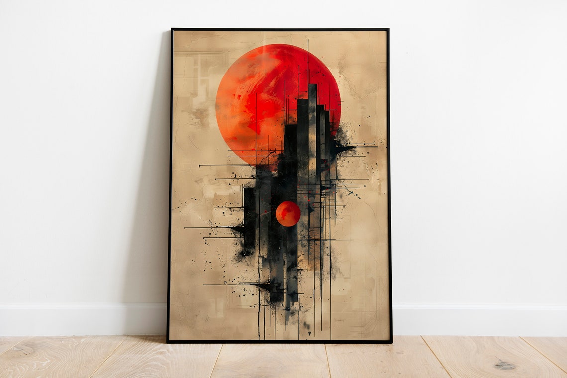 Red Sun Black Abstract City Skyline Minimalist Boho Art Print - Image 2