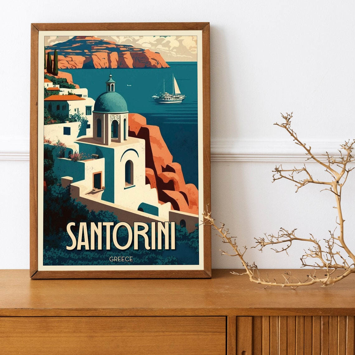 Santorini Greece White Blue Dome Church Vintage Travel Poster - Image 2