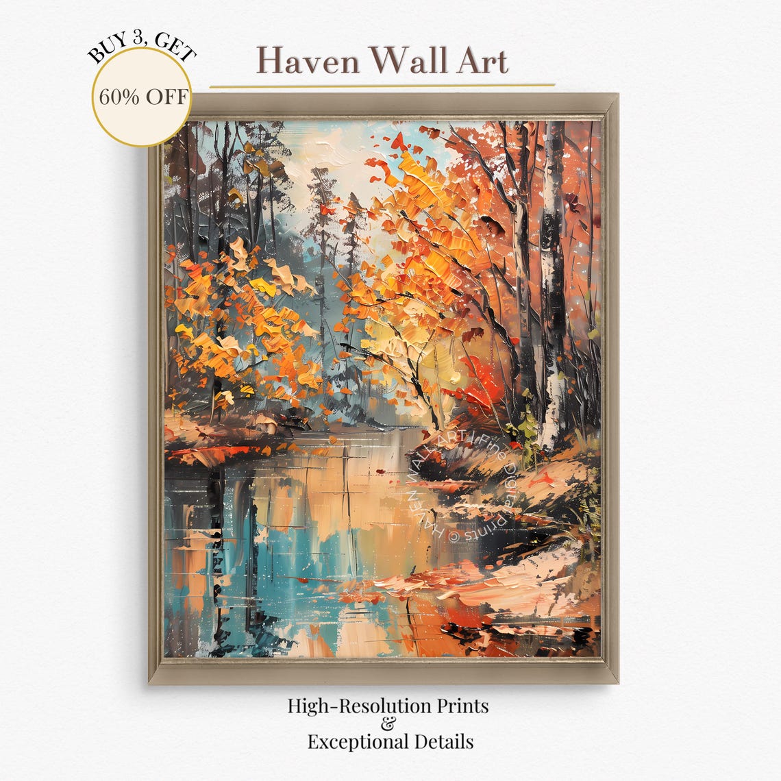 Bold Autumn River Orange Maple Leaves Impasto Oil Painting Wall Art