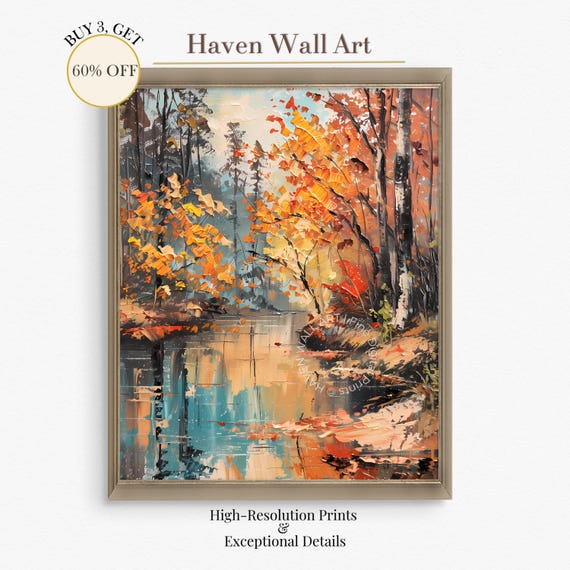 Bold Autumn River Wall Art Orange Maple Leaves Painting Rustic Thanksgiving Landscape High Texture Print Pal149