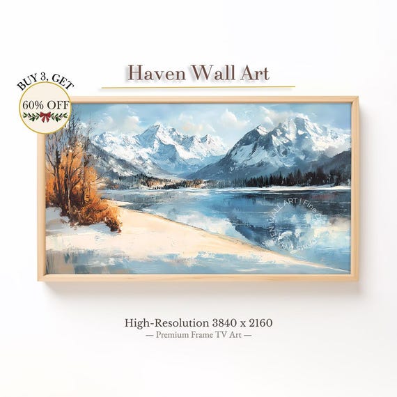 Snowy Mountain Tv Art Samsung Frame Rustic Farmhouse Decor Cozy Winter Wall Vintage Cabin Decortwl007