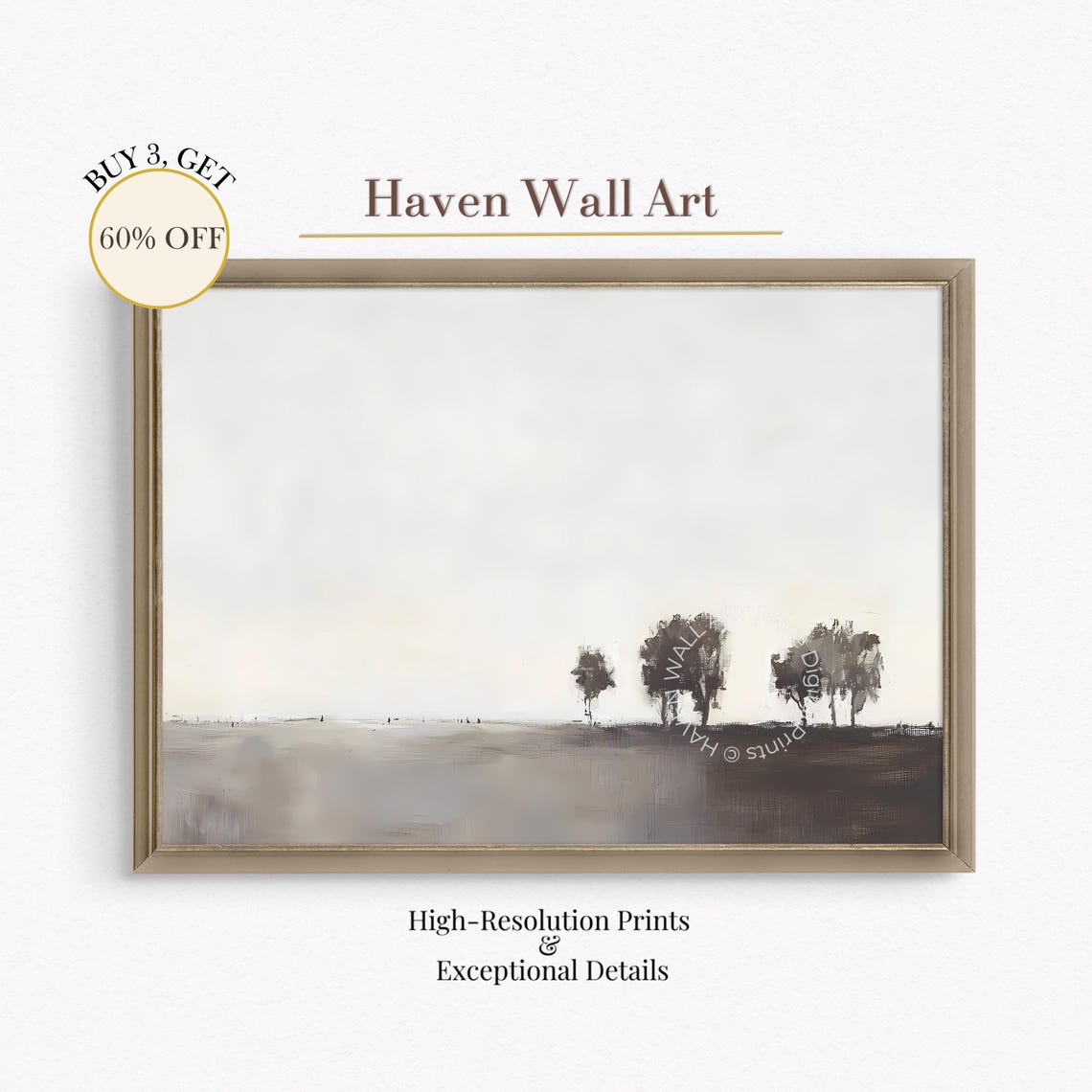 Minimalist Foggy Meadow Painting Three Trees Neutral Grey Art Poster