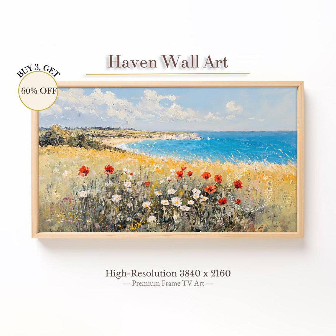 Wildflower Meadow by the Sea Coast Red Poppy Field Painting Poster