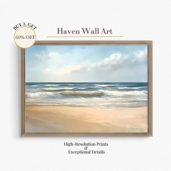 Golden Sand Beach Rolling Waves Blue Sky Summer Coastal Wall Art