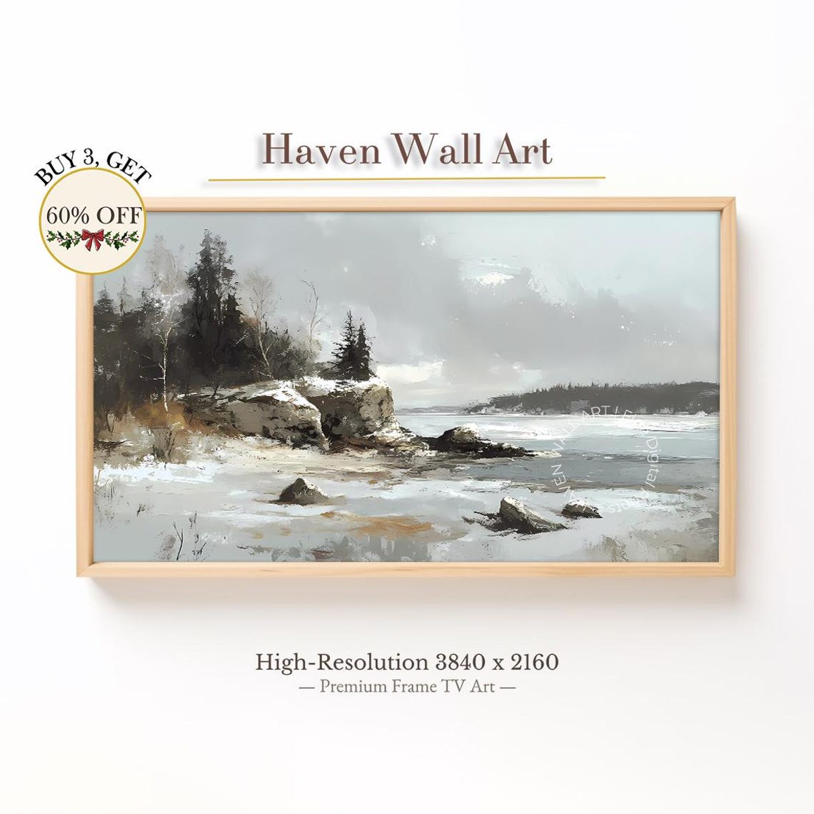 Serene Winter Cliffside Snowy Coastal Pines Rocky Shore Poster