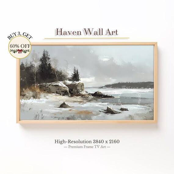 Serene Winter Cliffside Snowy Coastal Pines Rocky Shore Poster