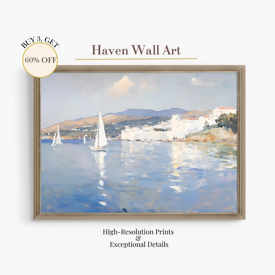 White Sailboats Near Coastal Town Sunny Harbor Painting Poster