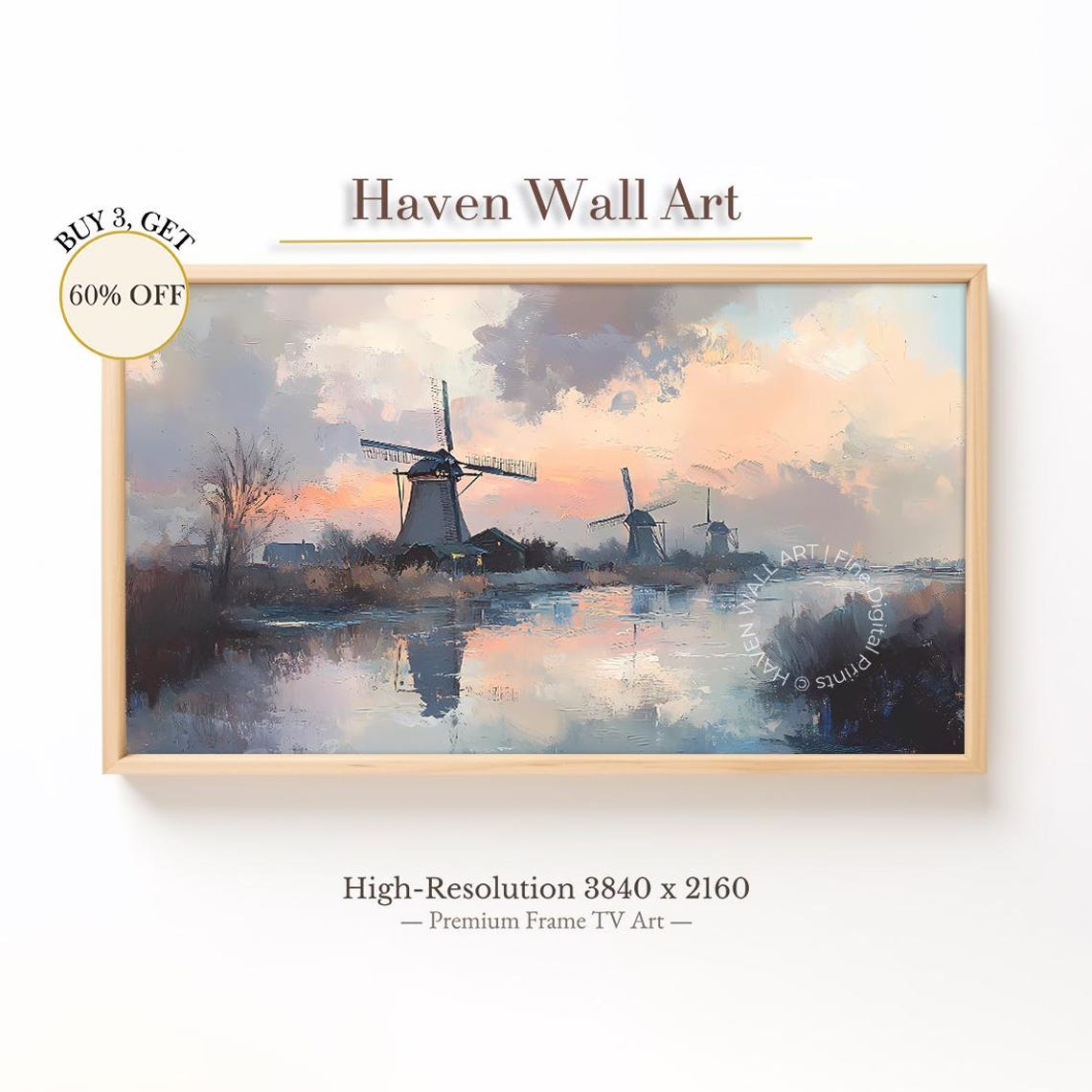 Dutch Windmills at Sunset River Reflection Vintage Oil Painting Poster