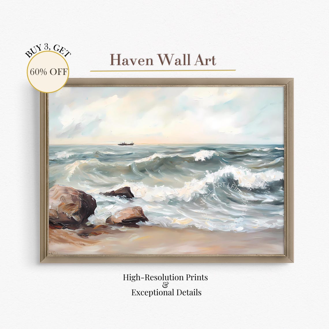 Waves Breaking on Rocky Shore Distant Ship Impressionist Sea Poster