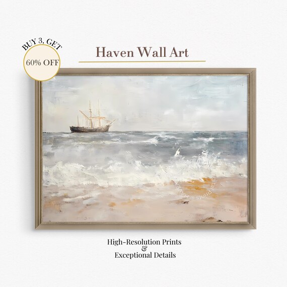 Vintage Tall Ship Ocean Waves Muted Nautical Seascape Art Poster