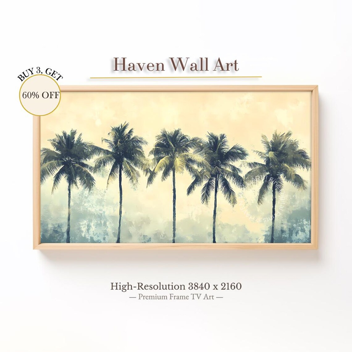 Tropical Palm Trees Row Golden Hazy Sky Beach Watercolor Art Poster