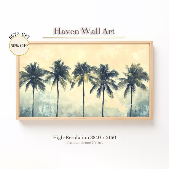 Tropical Palm Trees Row Golden Hazy Sky Beach Watercolor Art Poster