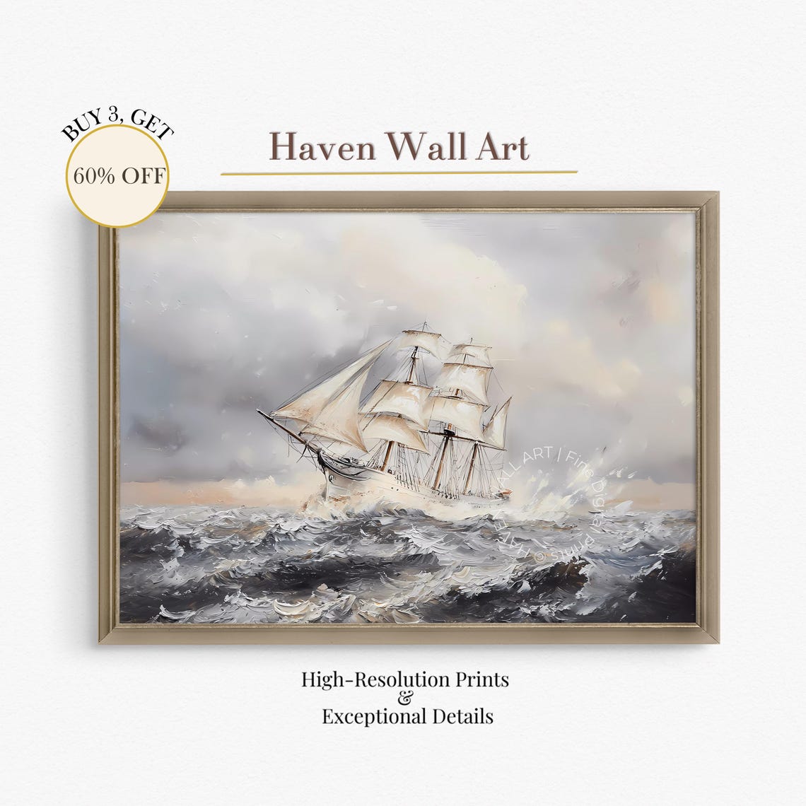 Tall Ship Stormy Ocean Waves Dramatic Vintage Nautical Scene Poster