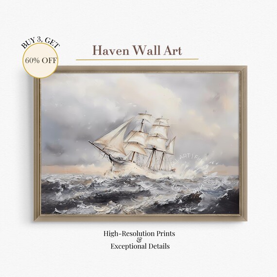 Tall Ship Stormy Ocean Waves Dramatic Vintage Nautical Scene Poster