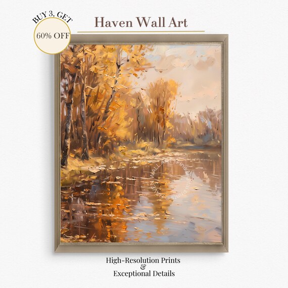 Golden Autumn River Landscape Impressionist Oil Style Poster