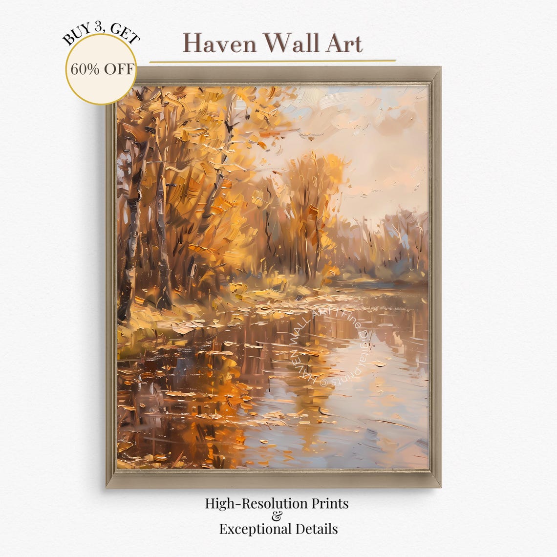 Golden Autumn River Landscape Impressionist Oil Style Poster
