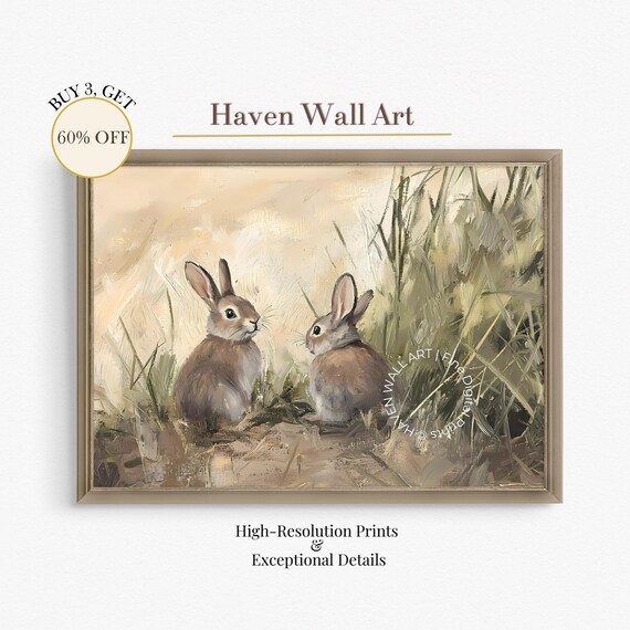 Two Bunnies in Tall Grass Charming Bunny Rabbit Painting Poster