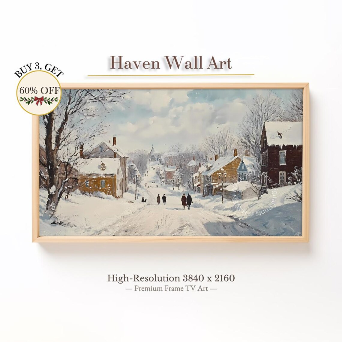 Charming Snowy Small Town Main Street Winter Scene Painting Poster