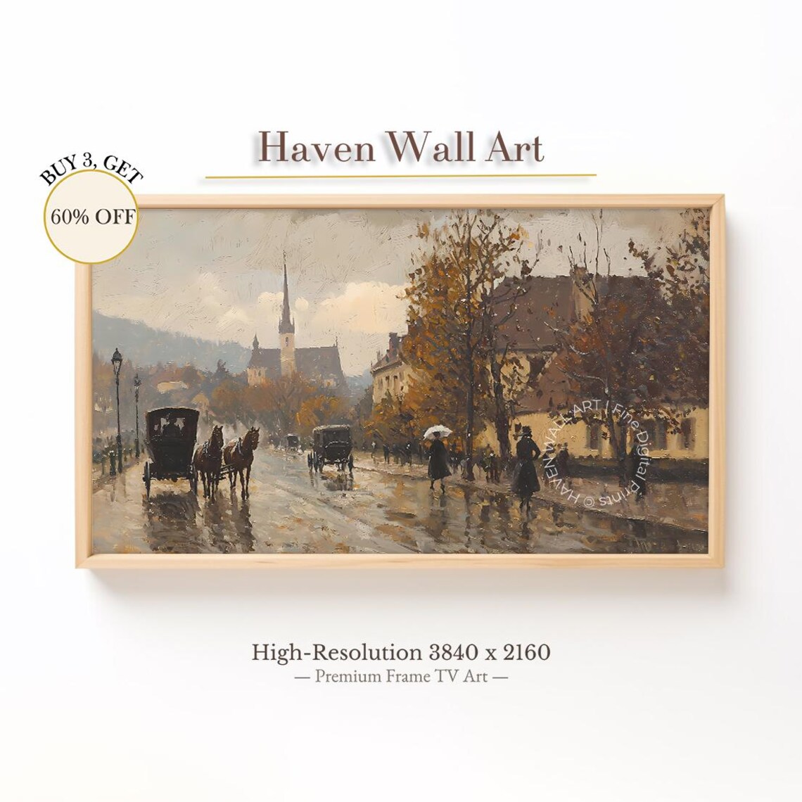 Rainy Autumn European Town Print With Horse Carriages And Wet Street