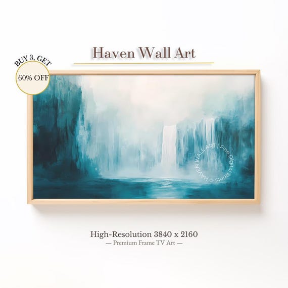 Misty Waterfall In Blue Abstract Summer Landscape Frame Tv Art Serene Cool Color Wall Tul045