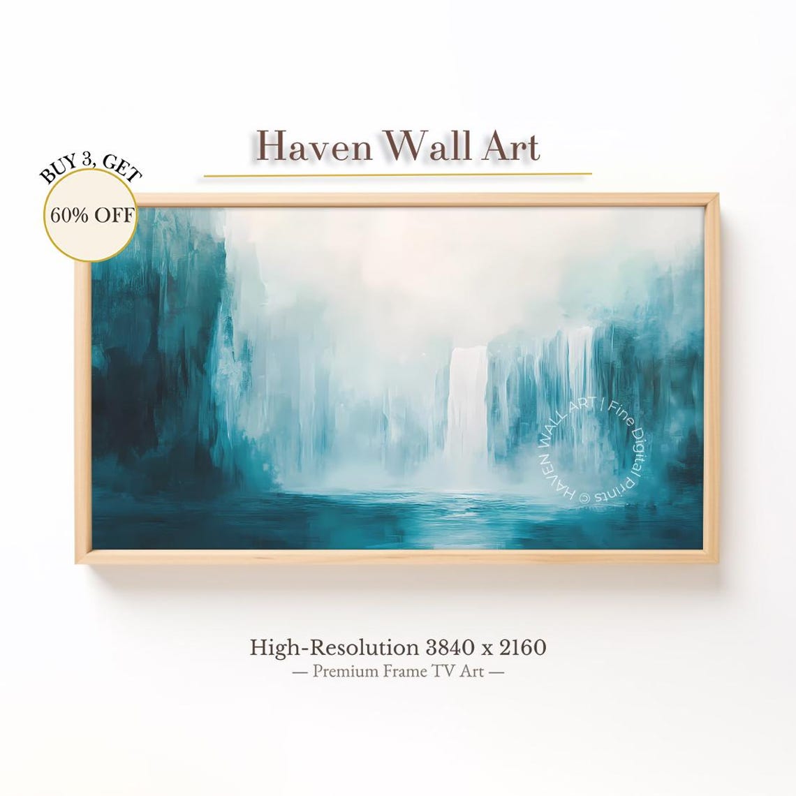 Teal Mist Waterfall Abstract Serene Nature Landscape Painting Poster