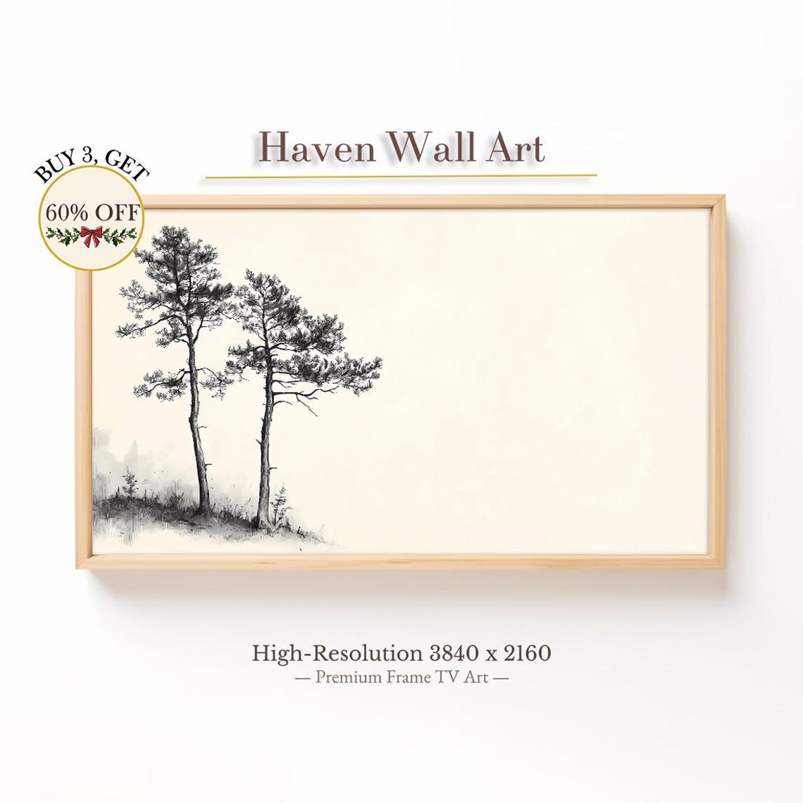 Two Pine Trees Minimal Black Ink Sketch Neutral Wall Decor Poster