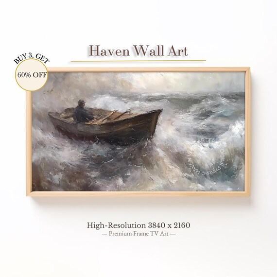 Stormy Sea Rowboat Vintage Boatman Waves Moody Ocean Art Poster