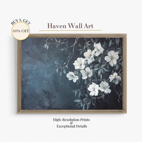 Vintage Dark Floral Art Elegant White Flowers On Deep Blue Background Moody Botanical Wall Decor Psf139