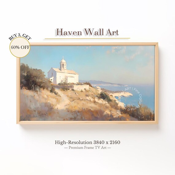 White Church On Golden Cliffside Vintage Mediterranean Summer Poster