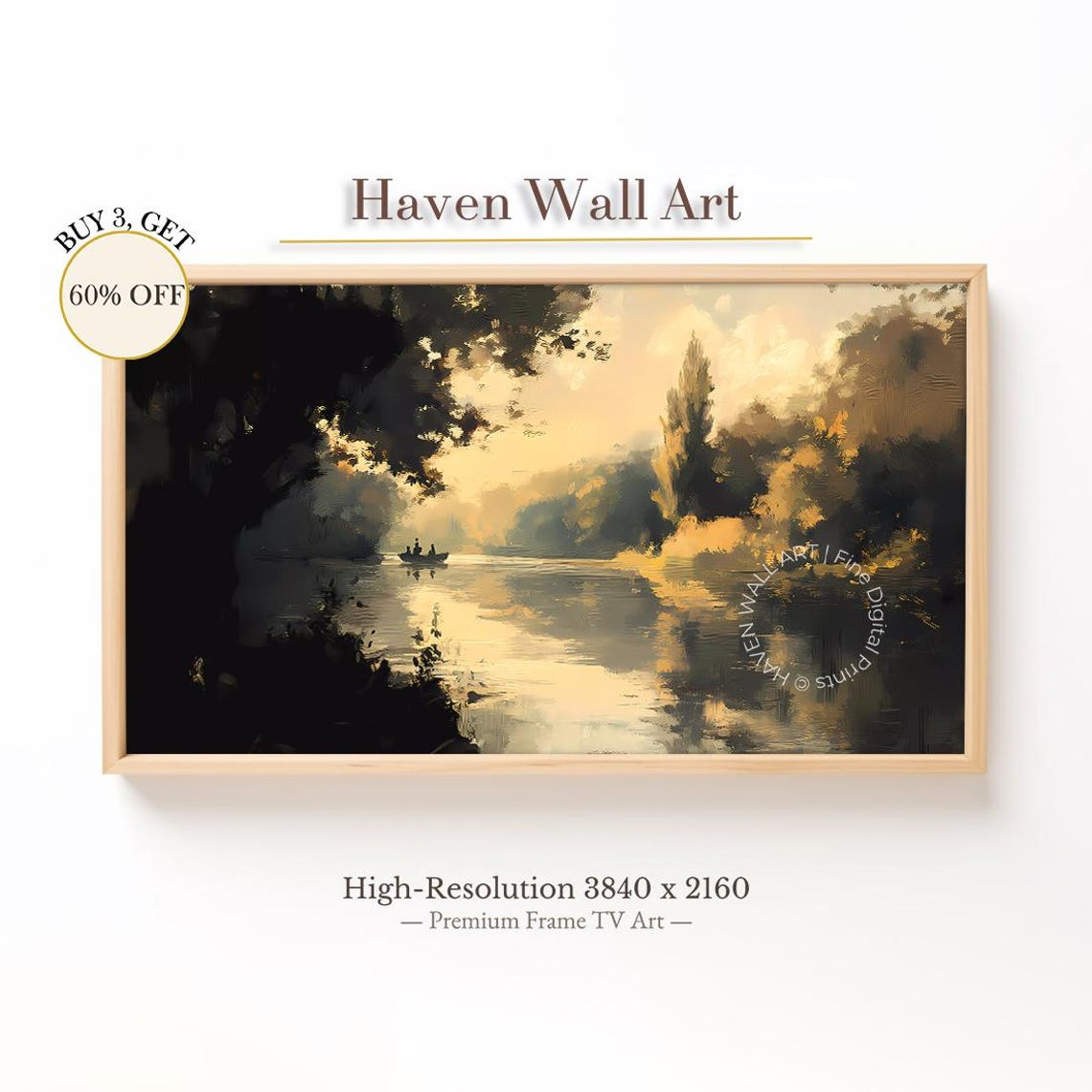 Golden Sunrise Over Misty River With Lone Rowboat Painting Poster