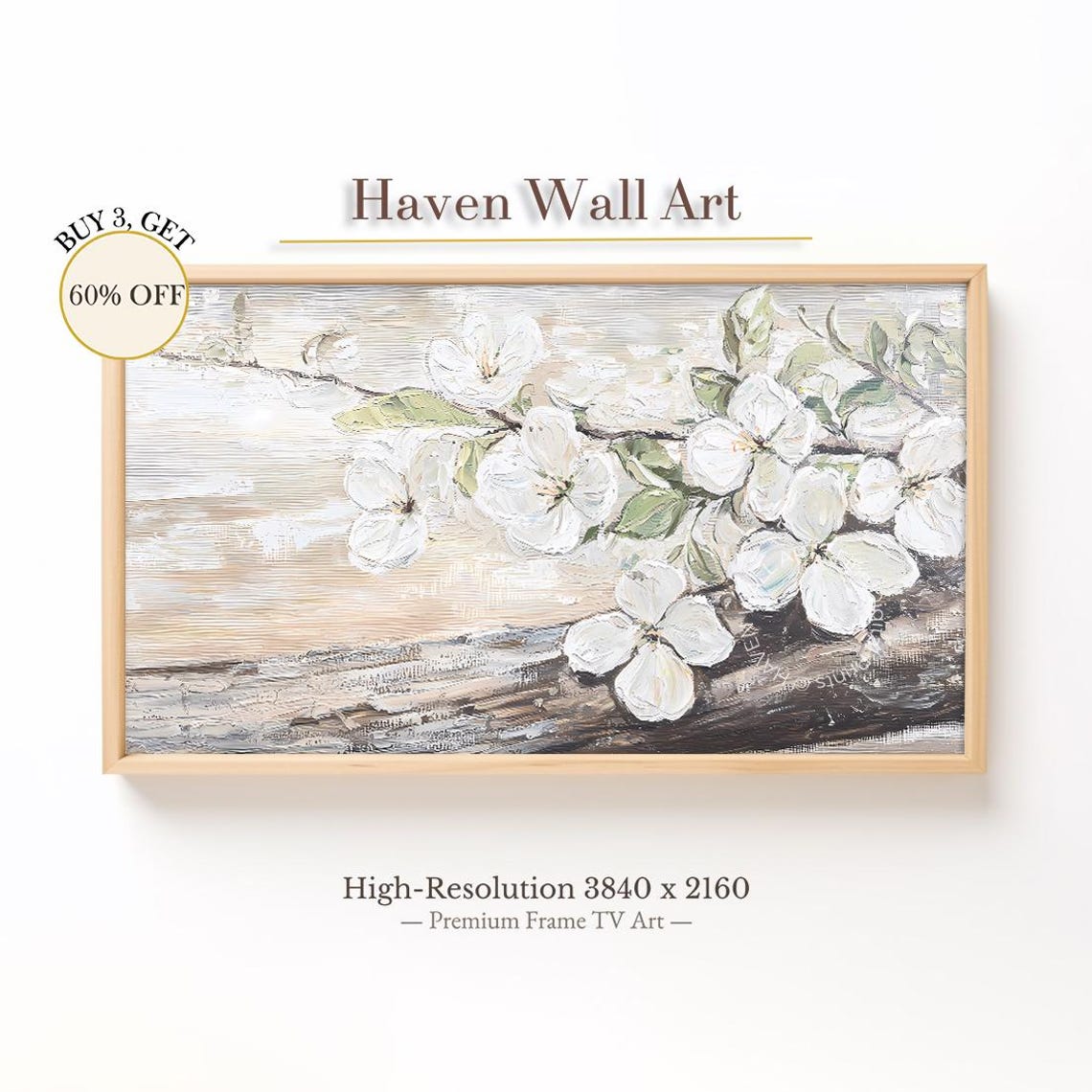 White Cherry Blossom Branch Rustic Textured Oil Painting Style Poster