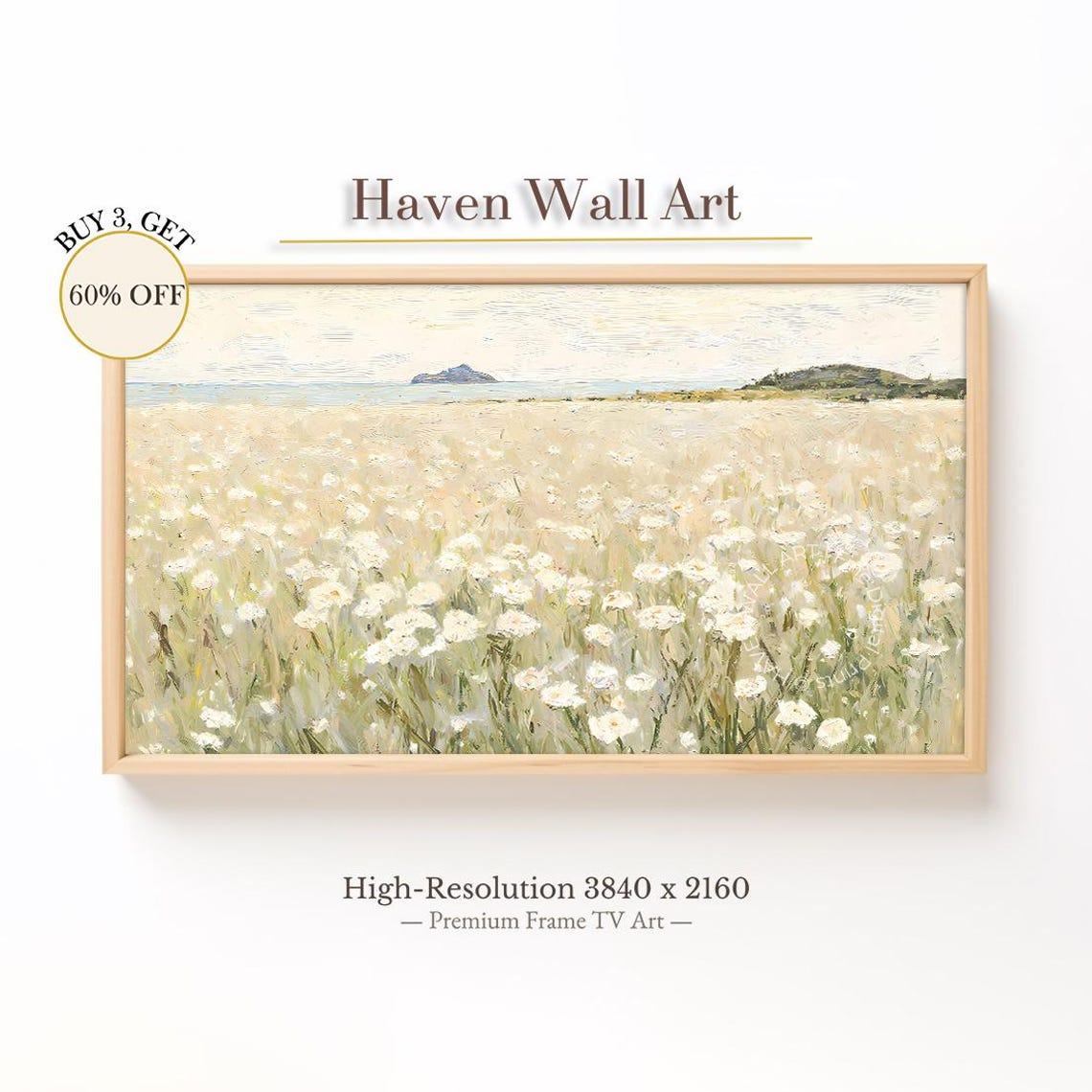 White Wildflower Field Print With Coastal Sea View In Soft Tones
