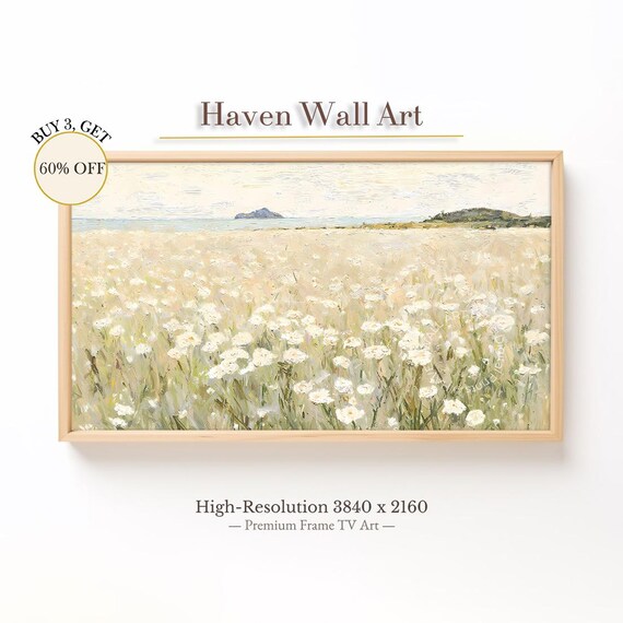 White Wildflower Field Print With Coastal Sea View In Soft Tones
