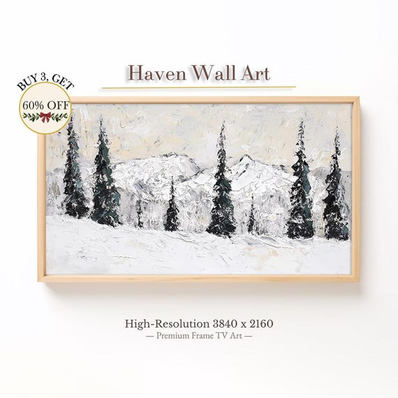 Textured Mountain Pines Winter Scene Samsung Frame Tv Art Rustic Cabin Decor Cozy Wall Abstract Snowy Landscape Twl033