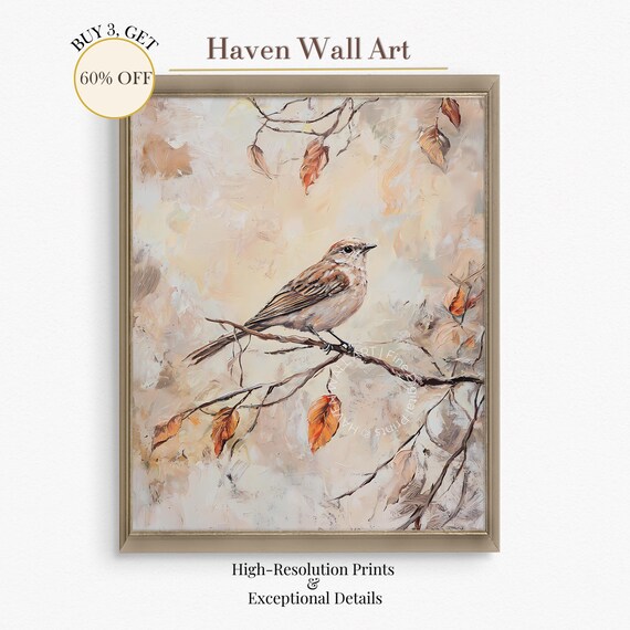 Autumn Sparrow on Branch Falling Leaves Soft Oil Painting Wall Art
