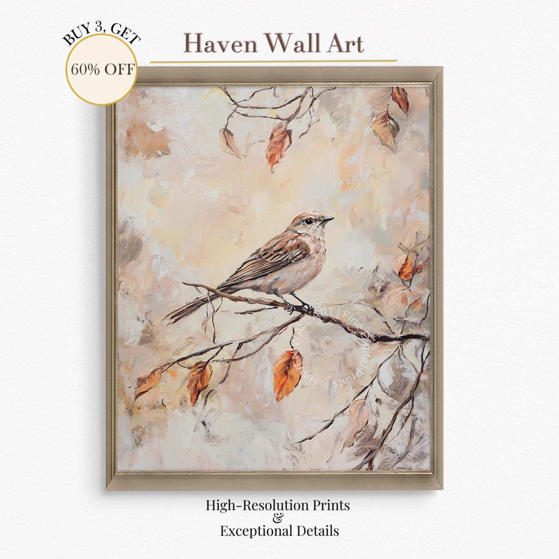 Autumn Sparrow on Branch Falling Leaves Soft Oil Painting Wall Art