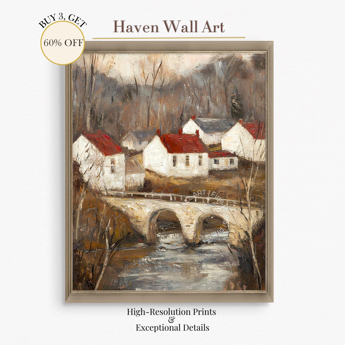 Vintage Autumn Village Bridge Red Roof Cottages Stone Arch Poster