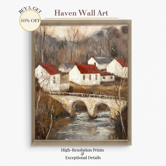 Vintage Autumn Village Bridge Red Roof Cottages Stone Arch Poster
