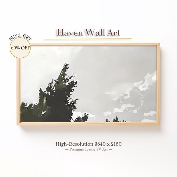 Minimalist Summer Sky And Trees Frame Tv Art Calm Green Nature Painting Neutral Landscape For Samsung Tul008