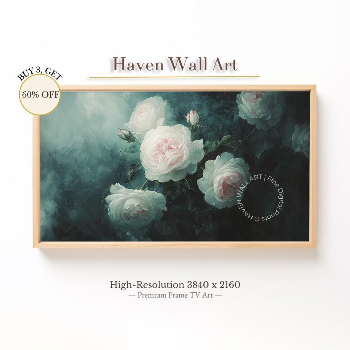 Moody White Roses on Dark Teal Romantic Vintage Floral Wall Art