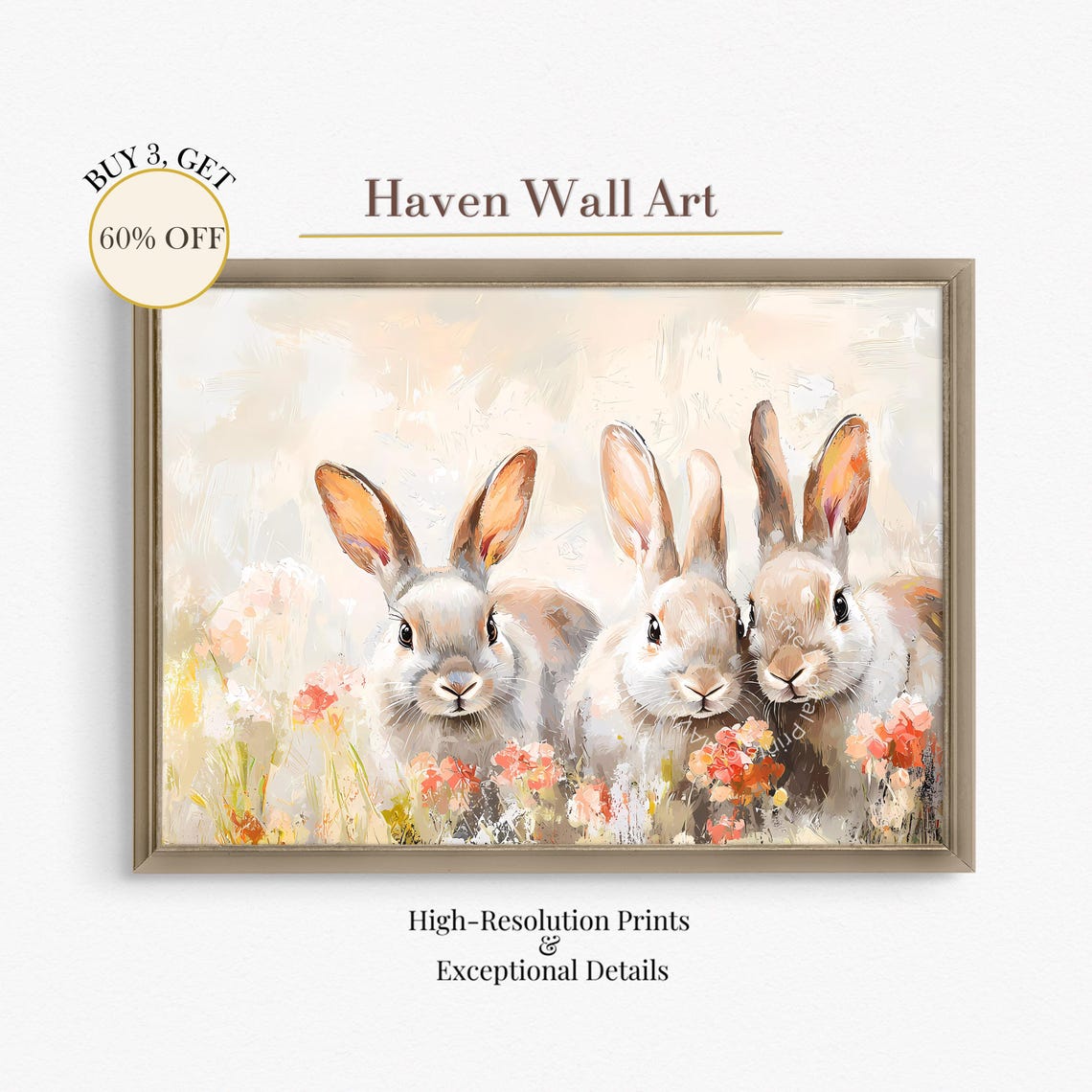 Three Bunnies Pastel Flower Field Cute Rabbit Trio Oil Painting Poster