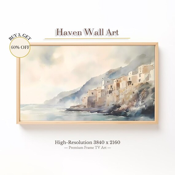 Seaside Clifftop Village White Houses Watercolor Coastal Landscape Print